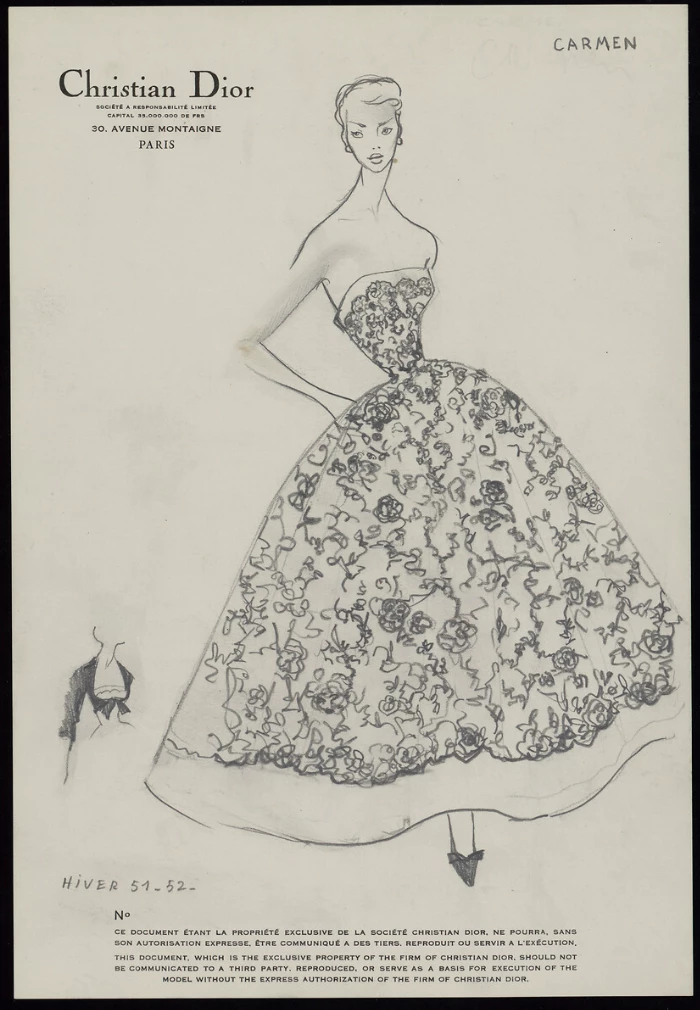 Ескіз сукні Carmen від Крістіана Діора. Був створений дизайнером і призначений для преси та клієнтів, щоб детальніше проілюструвати остаточний дизайн5