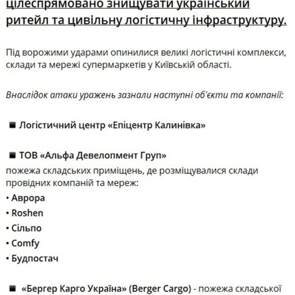 Рашистський удар знищив склади “Епіцентру” та “Рошен”: відео наслідків