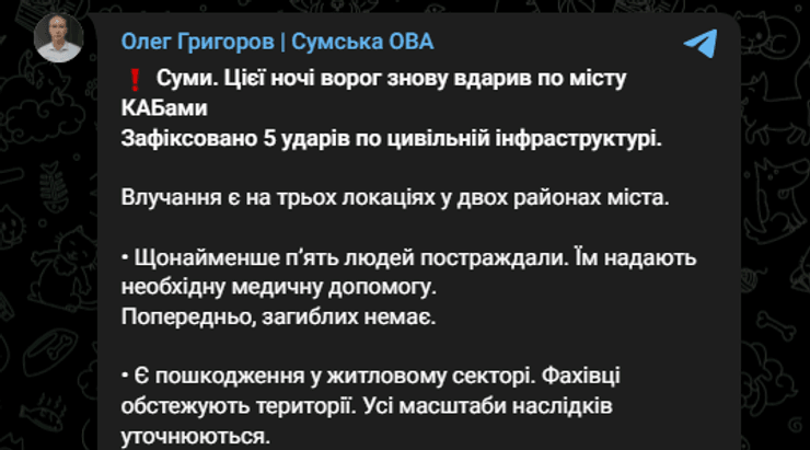 Сумщина під ударом: 5 КАБів РФ, п'ятеро поранених – актуальні дані 4 Сумщина під ударом: 5 КАБів РФ, п'ятеро поранених – актуальні дані 4