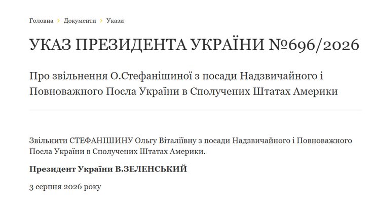 Звільнення Стефанішиної з посади посла в США: Зеленський підписав указ 6 Звільнення Стефанішиної з посади посла в США: Зеленський підписав указ 6